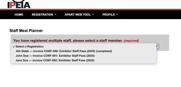 Screenshot of exhibitor staff dropdown